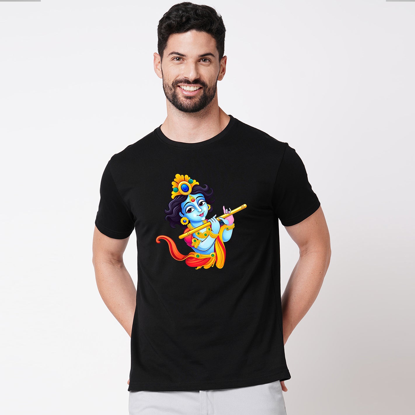 Man wearing a black t-shirt of WYO Bal Krishna design 
