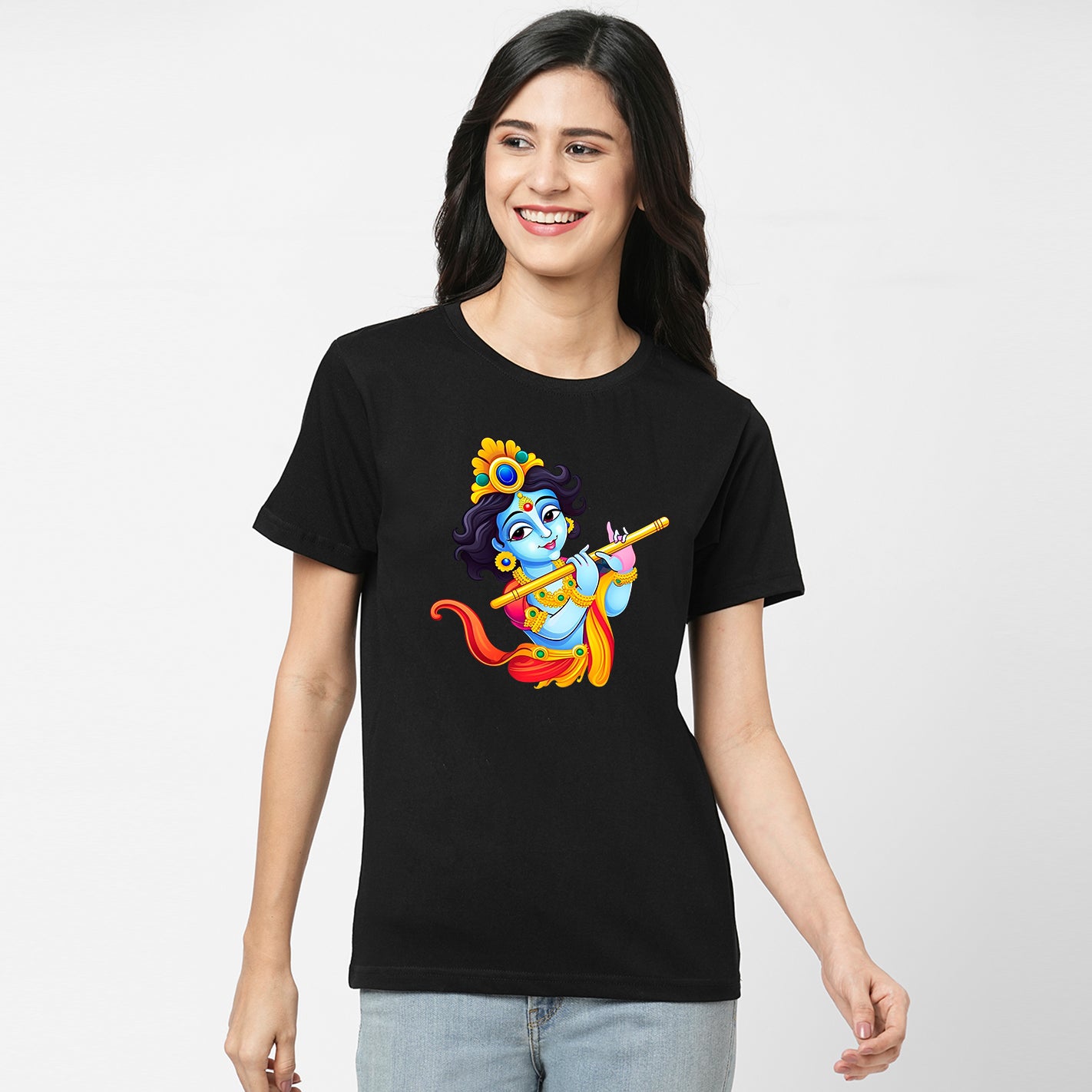 Woman wearing a black t-shirt of WYO Bal Krishna design 