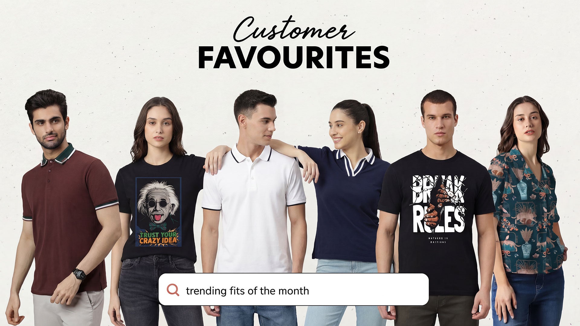 Group of people wearing WYO various t-shirts with text and graphics, on a light gray background.