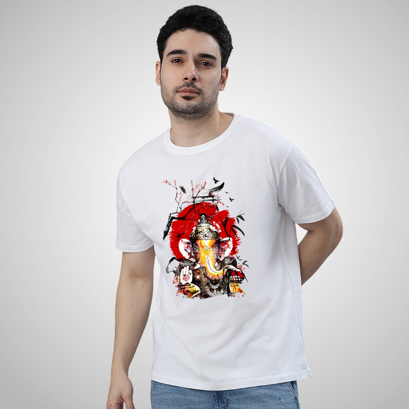 Man wearing a WYO Bappa Nature White T-Shirt