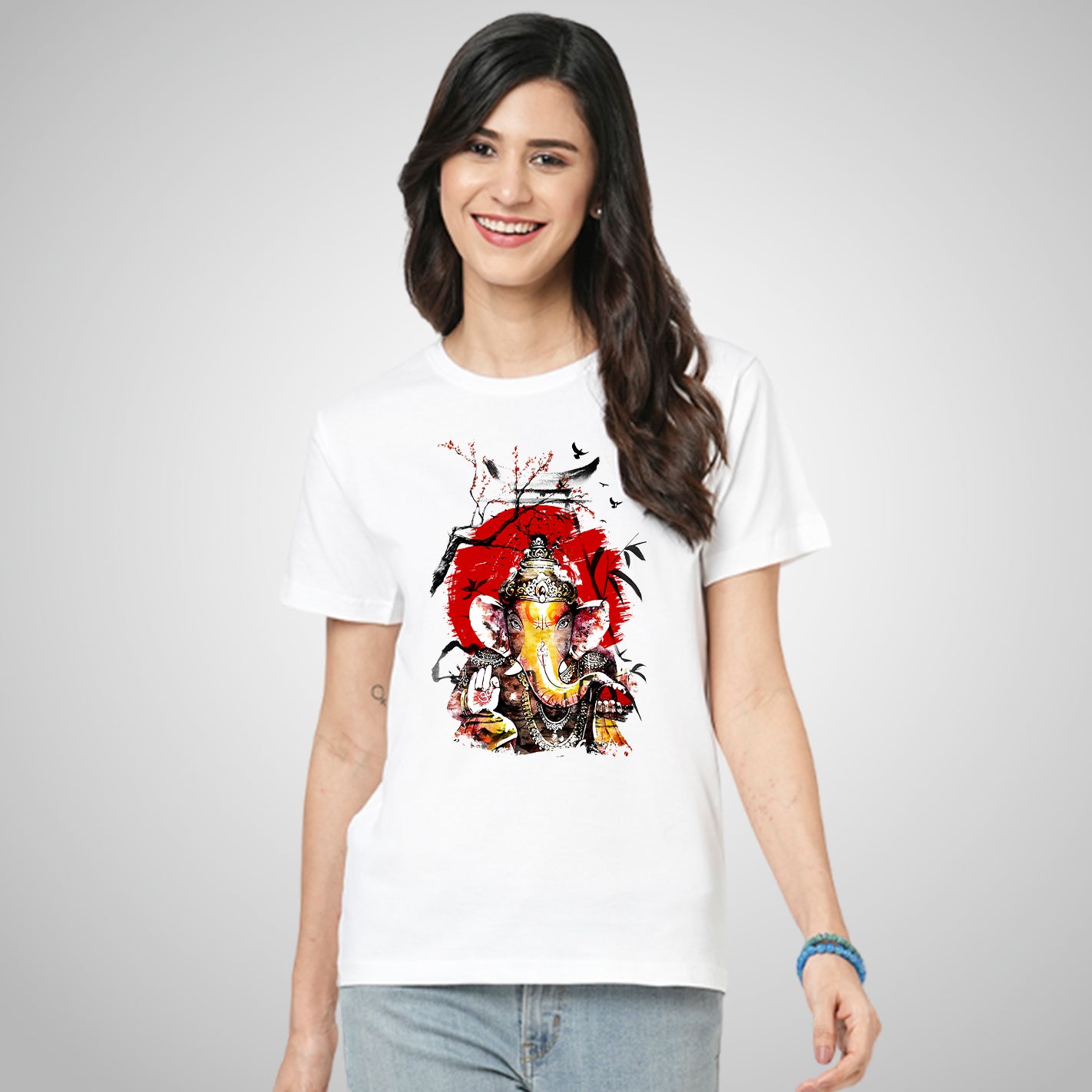 Woman wearing a WYO Bappa Nature White T-Shirt