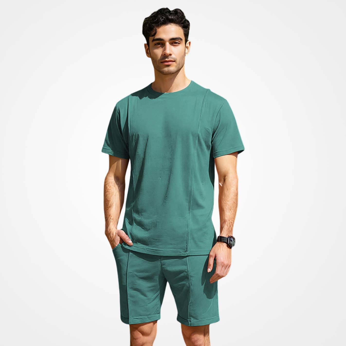 Man wearing a WYO Mint t-shirt and shorts set on a white background