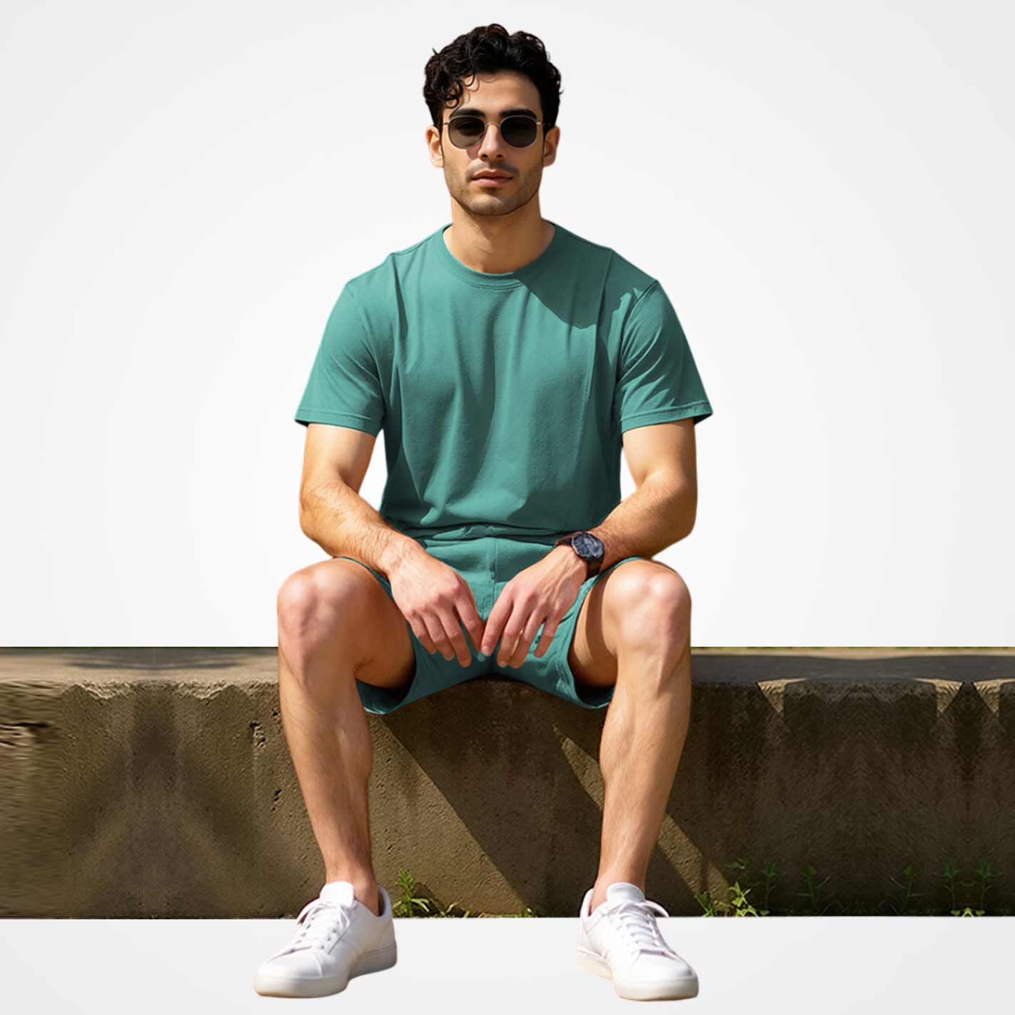 Man wearing a WYO Mint t-shirt and shorts set on a white background