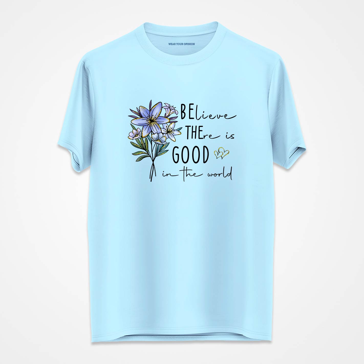 Ice blue t-shirt by WYO with floral design and text on a white background