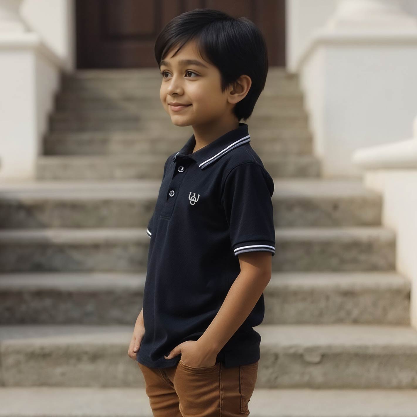 Kid wearing a WYO Black polo shirt with a logo on stone steps