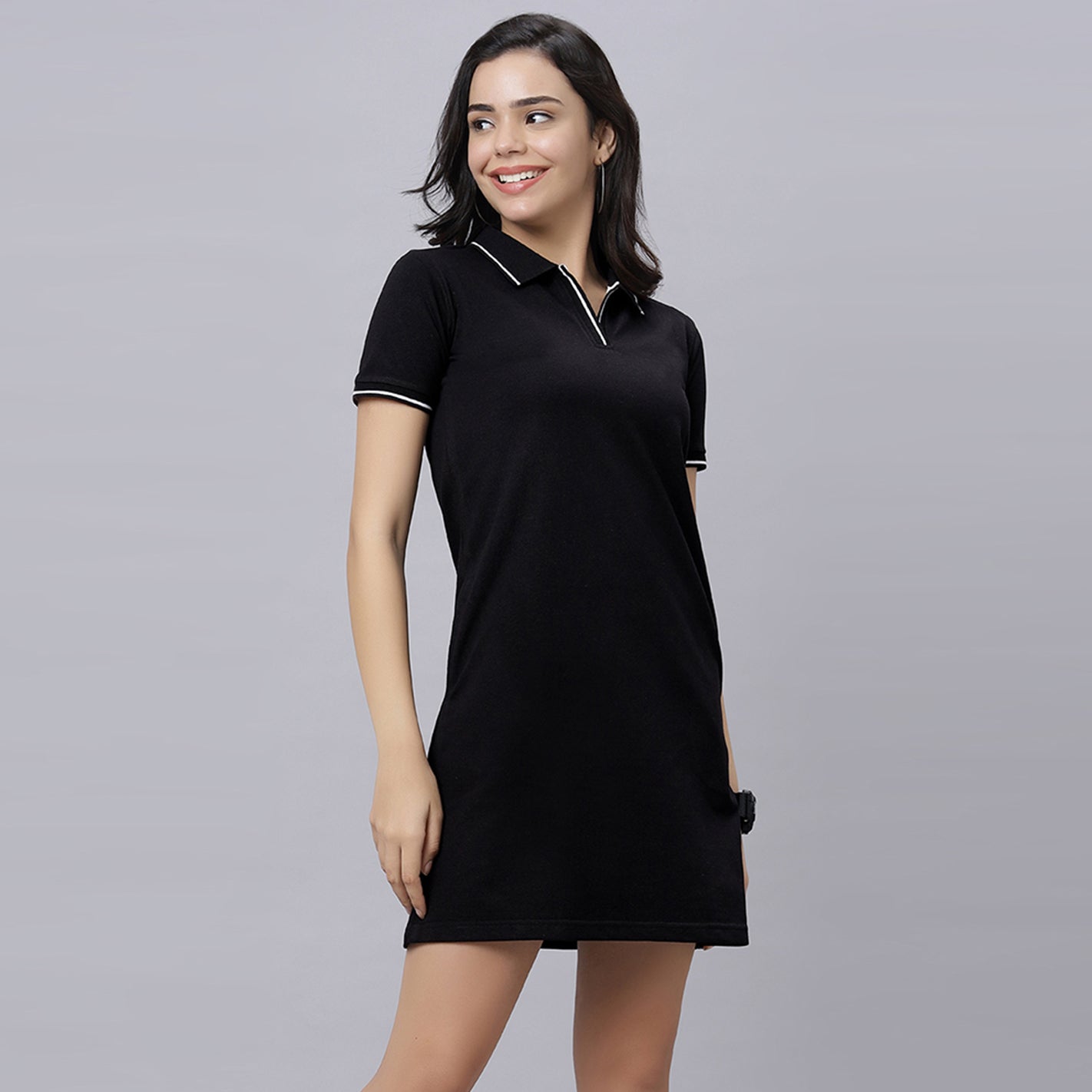 WYO Black polo dress front view with side pockets and tipped collar