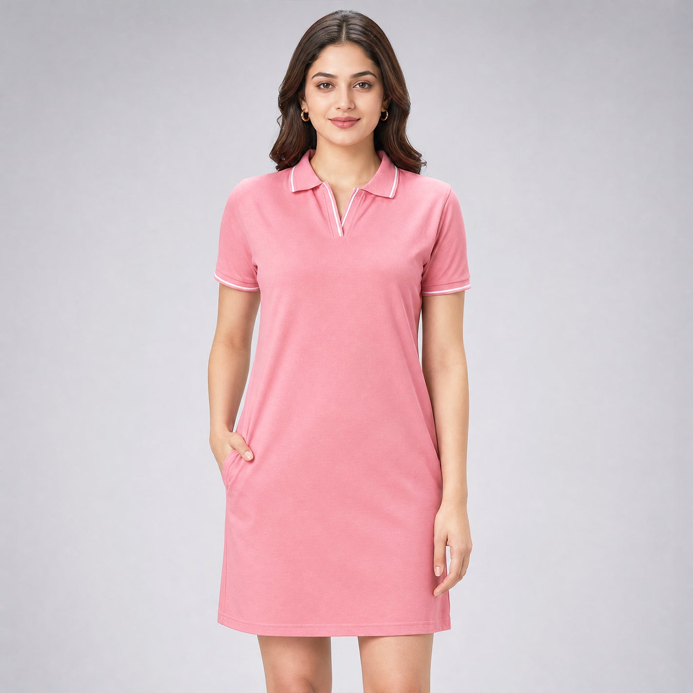 WYO Blush pink polo dress front view with side pockets and tipped collar