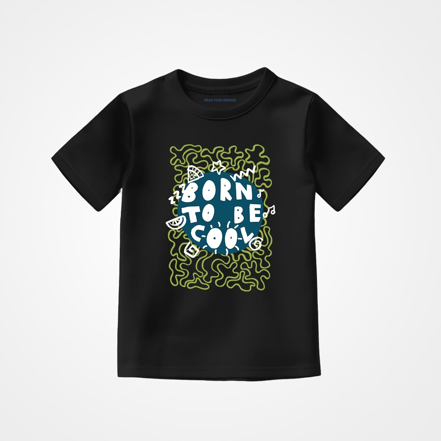 WYO Black t-shirt with colorful graphic design on a white background