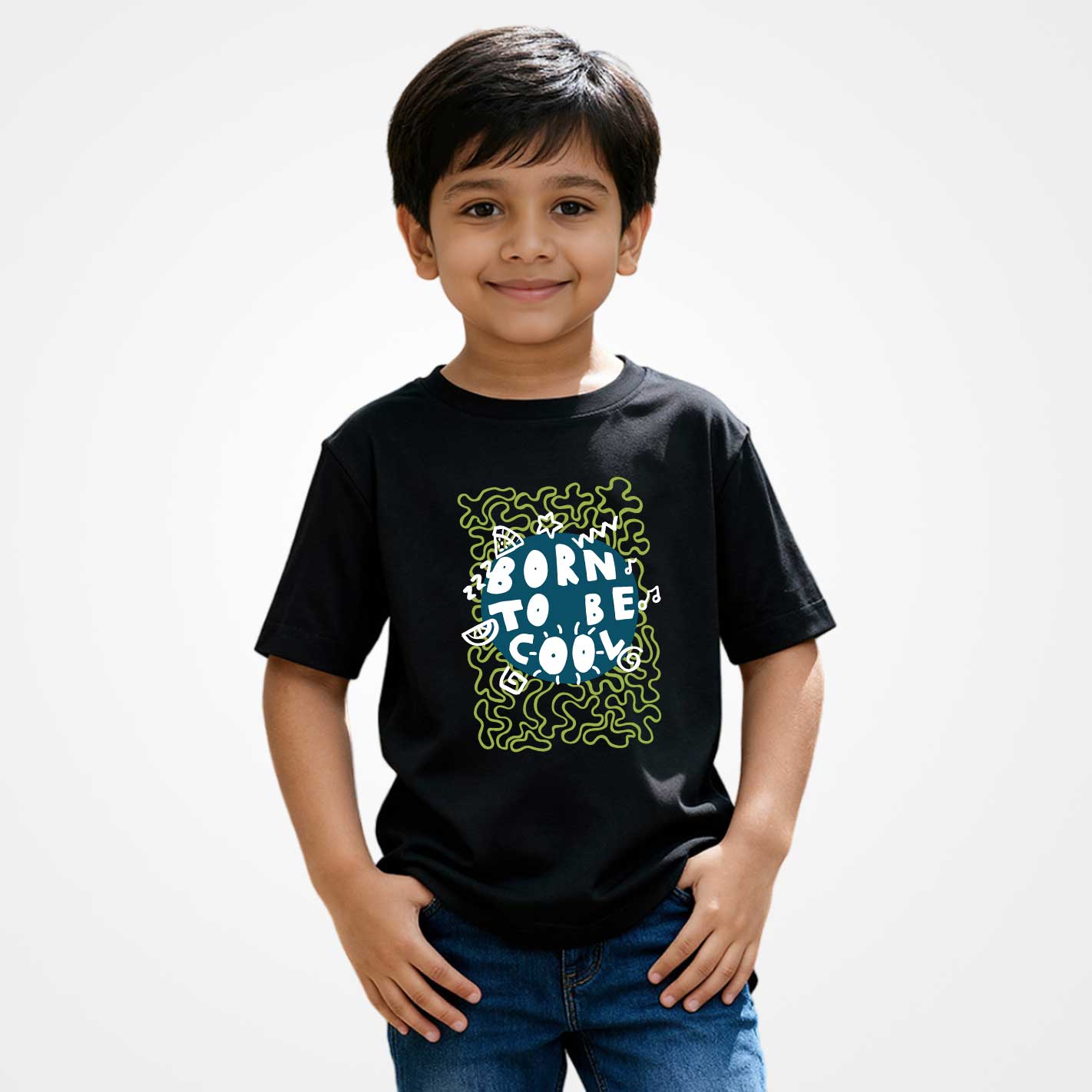 Child wearing a WYO black t-shirt with a colorful graphic and text on a white background