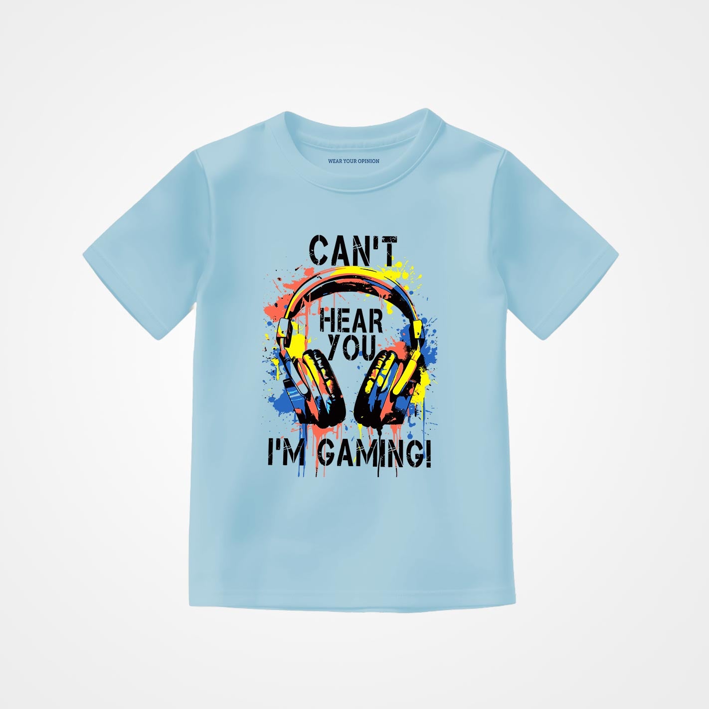 WYO Ice blue t-shirt with colorful graphic and text 'Can't Hear You I'm Gaming!' on a light gray background