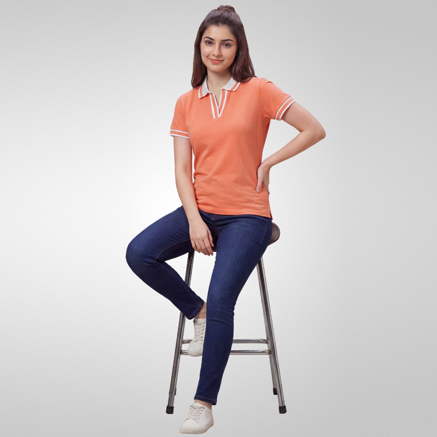 Women V Striped Collar Polo