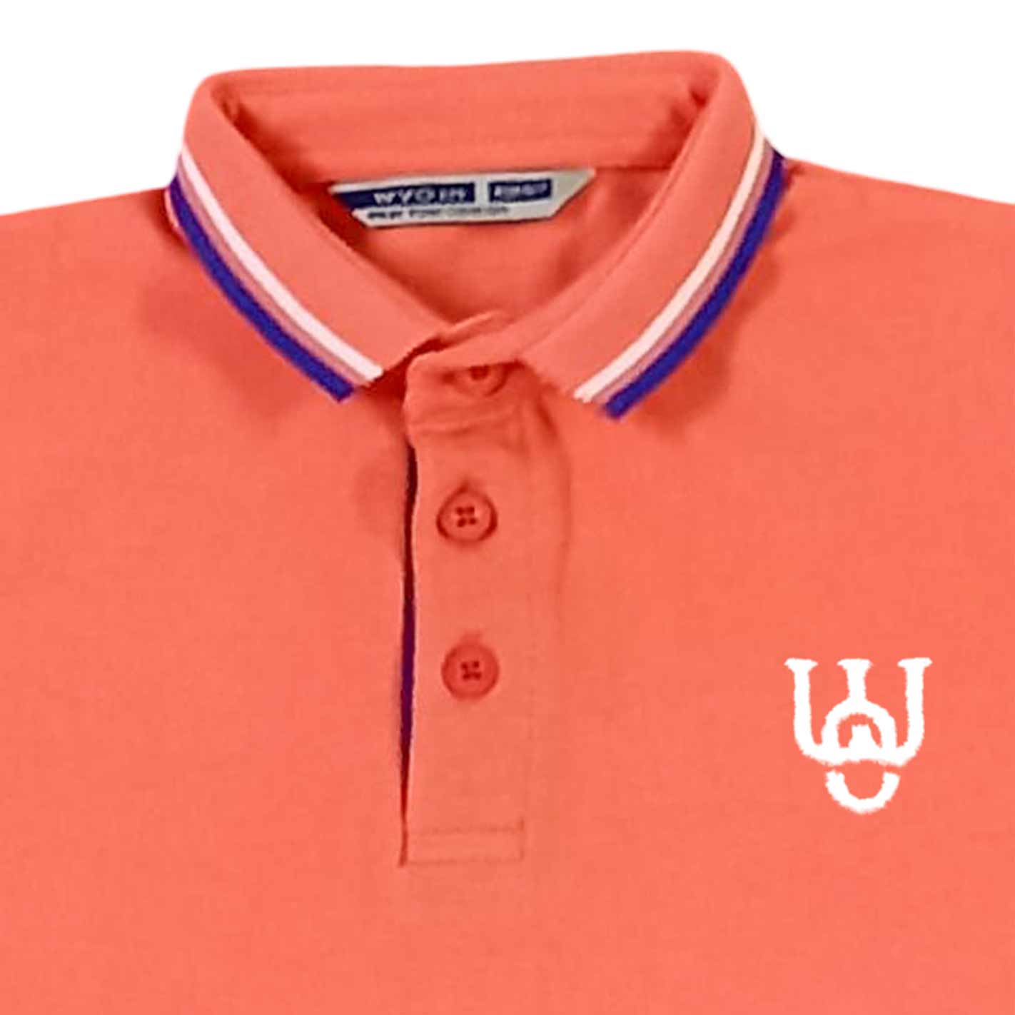 Close view of a WYO Carrot  polo shirt with a logo on a white background