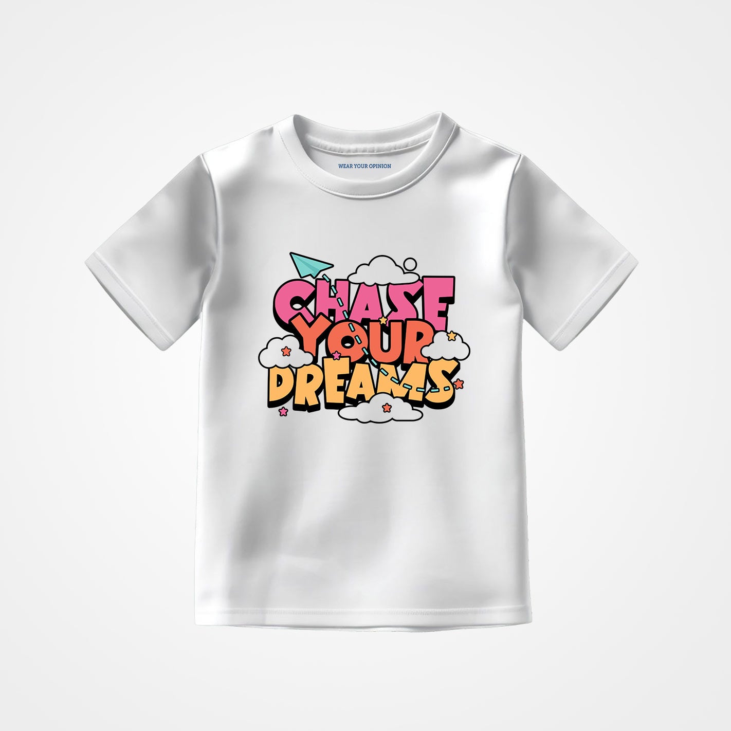 WYO White t-shirt with 'Chase Your Dreams' text design on a white background