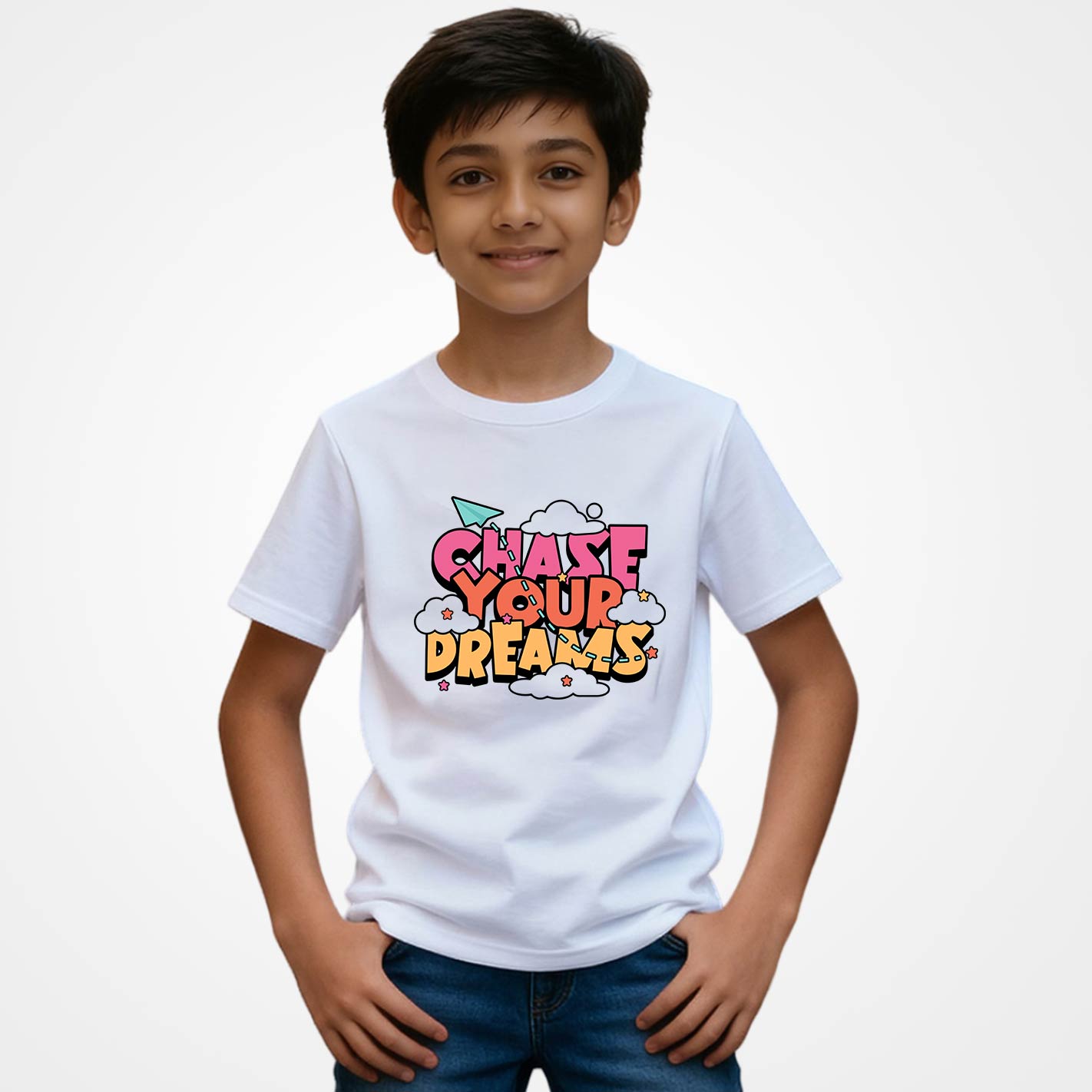 Child wearing a WYO white t-shirt with 'Chase Your Dreams' text on a plain background