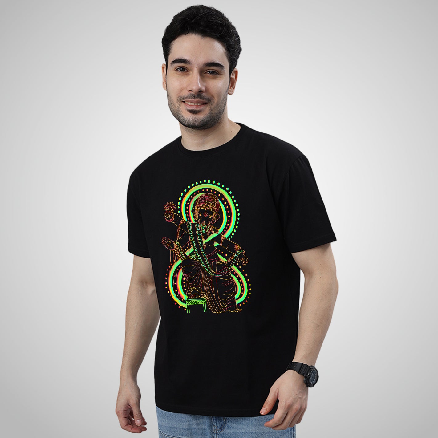 Man wearing a WYO Chaturbhuj Ganesha Neon T-Shirt
