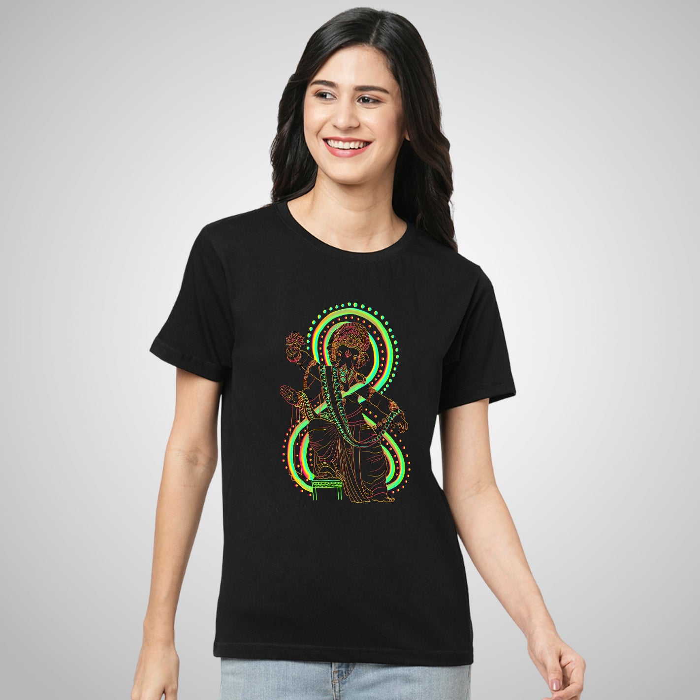 Woman wearing a WYO Chaturbhuj Ganesha Neon T-Shirt