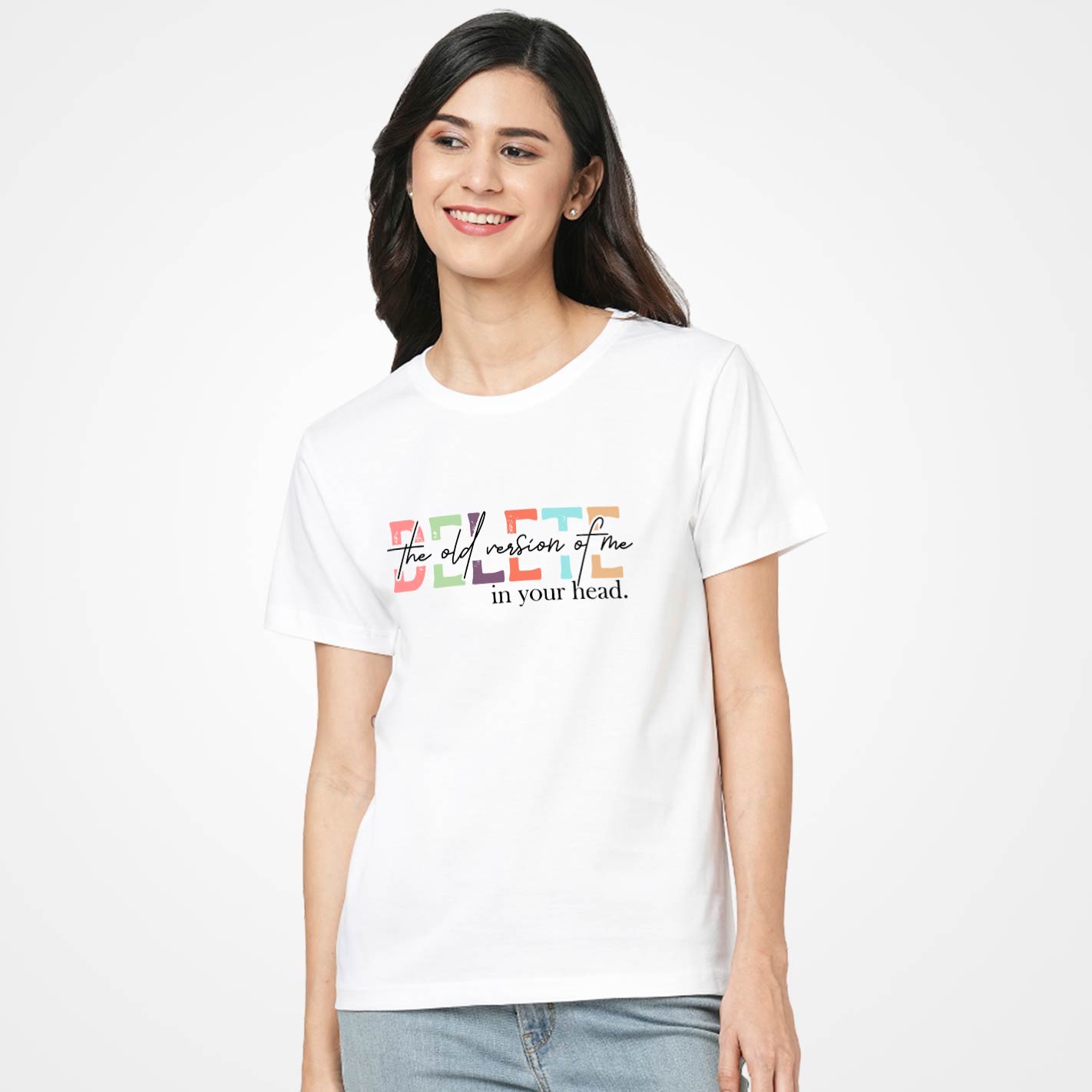 Woman wearing a White t-shirt by WYO with colorful text design on a white background