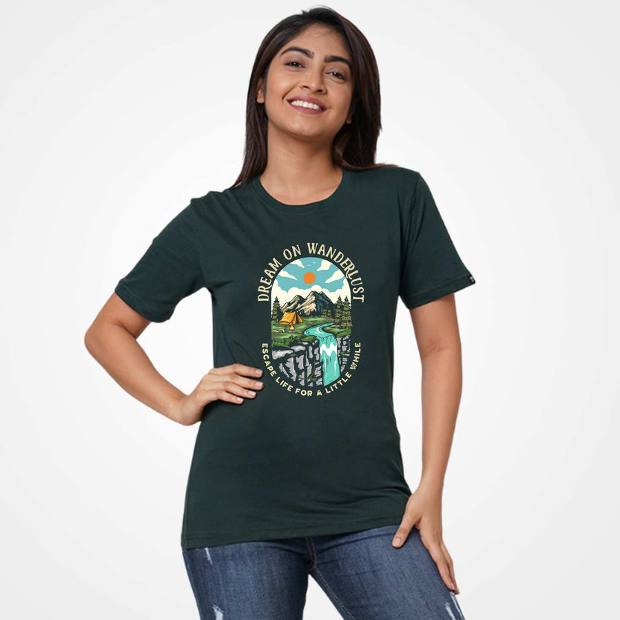 Woman wearing a WYO  dark green t-shirt with a graphic design on a white background