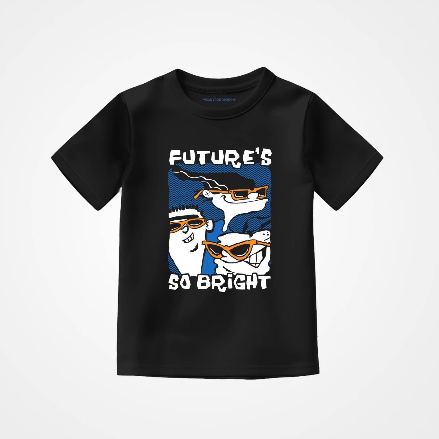 WYO Black t-shirt with graphic design and text 'Future's So Bright' on a white background