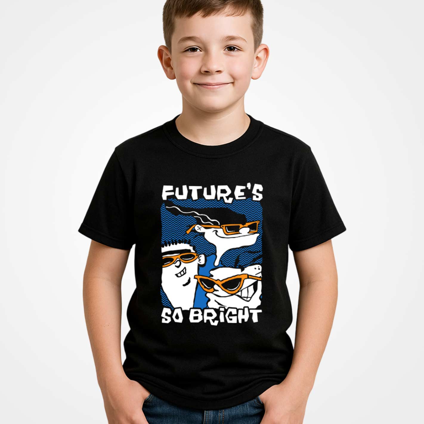 WYO Kid wearing a black t-shirt with a graphic design and text on a white background