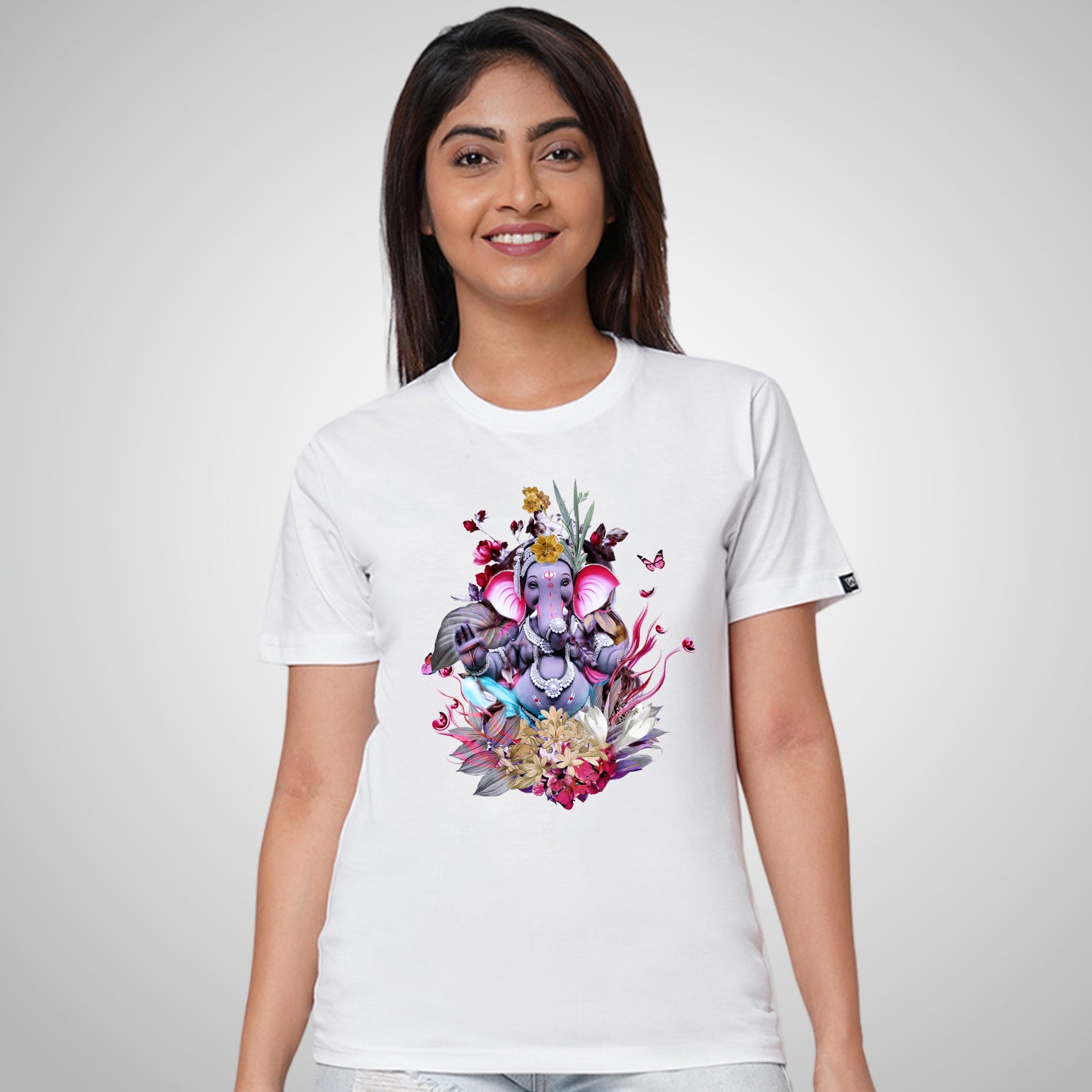 Woman wearing a WYO Floral Ganesha T-Shirt