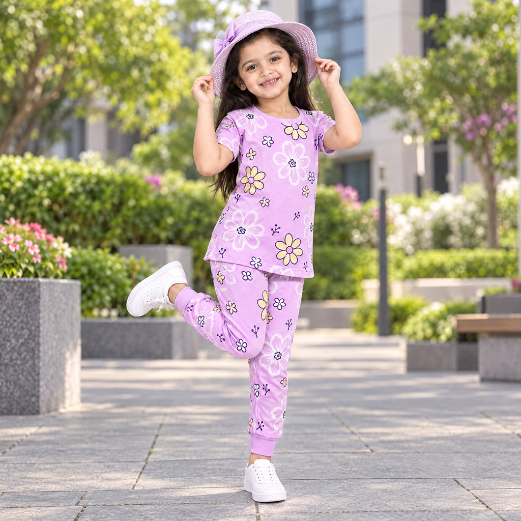 Girl posing outdoors in a lilac WYO Flower Power floral co-ord set and matching hat.