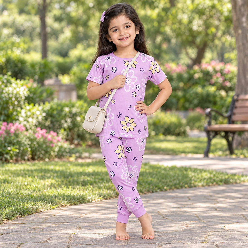 Girl wearing the lilac WYO Flower Power floral co-ord set outdoors with a small crossbody bag.