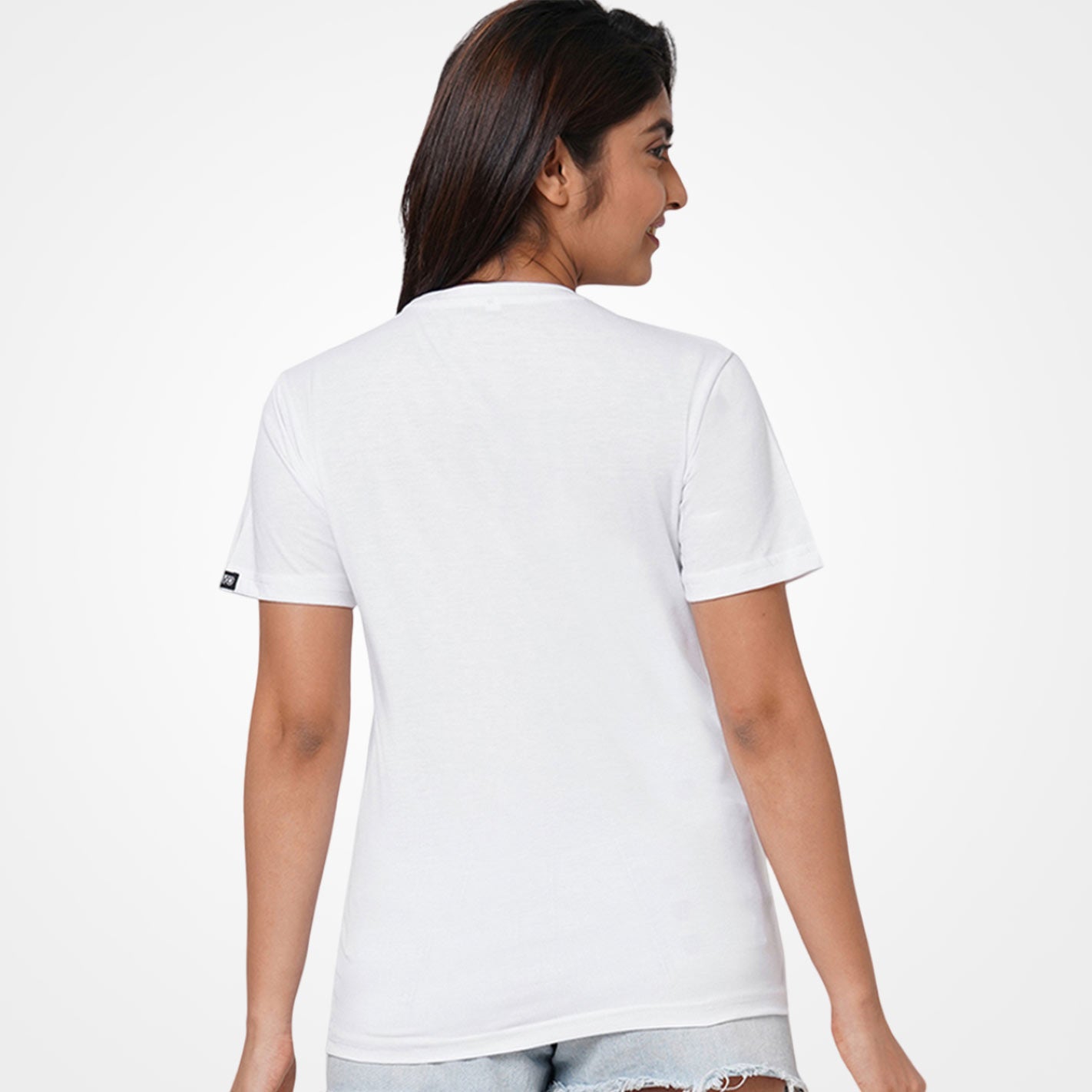 Back View of a White t-shirt by WYO with butterfly design and text 'Forever positive Believe' on a white background