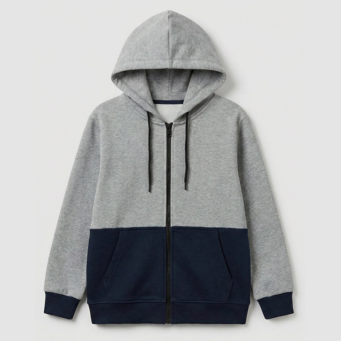 WYO Gray and navy zipper hoodie on a light gray background