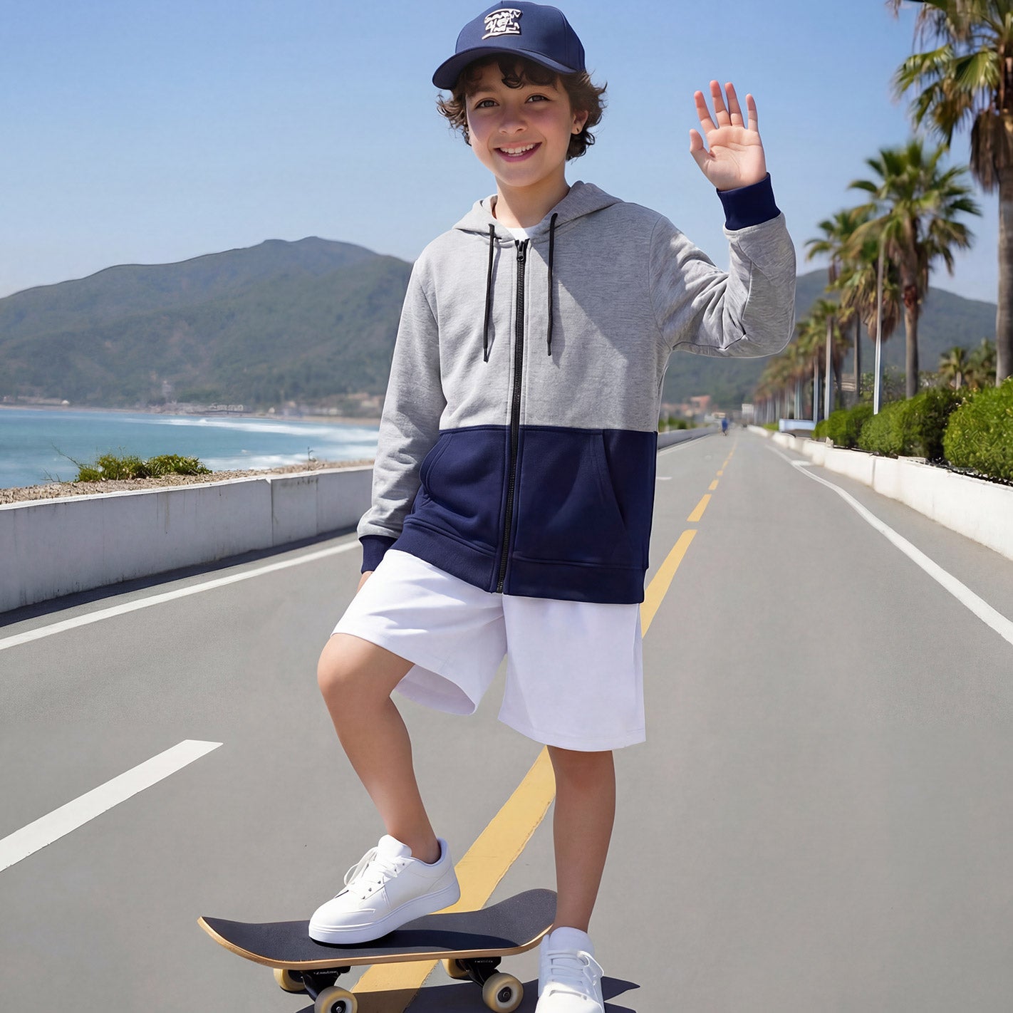 Child on a skateboard by a scenic road with palm trees and mountains wearing a WYO hoodie