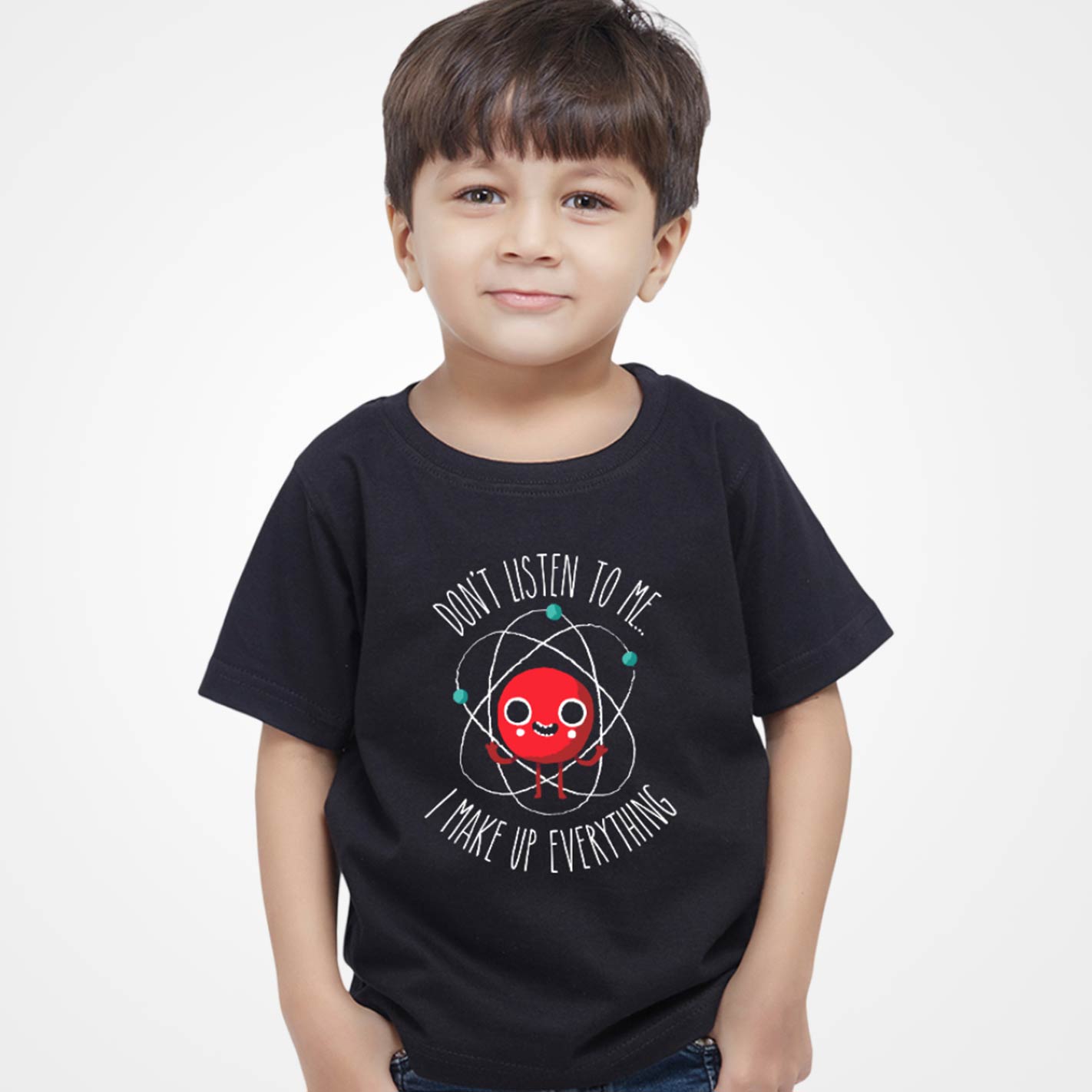 WYO Kid wearing a black t-shirt with a red character and text on a white background