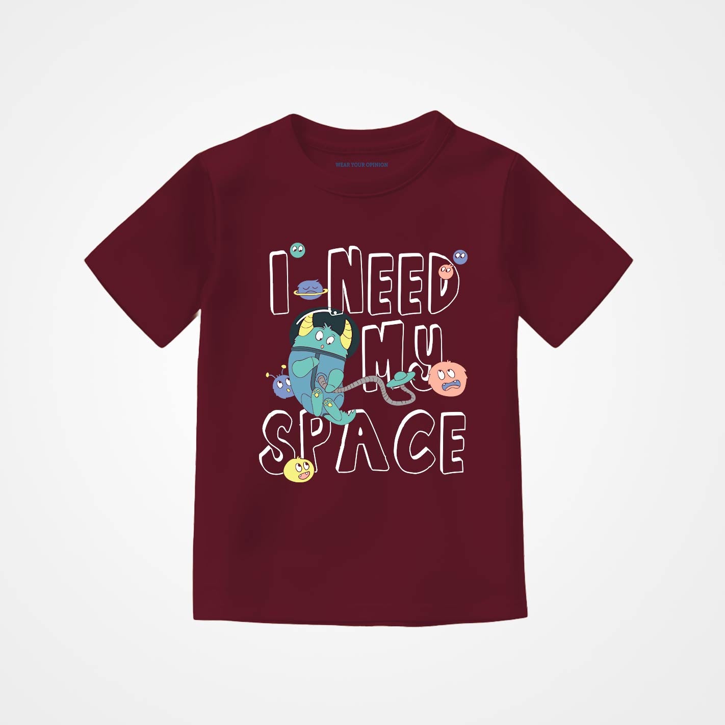 WYO Maroon t-shirt with 'I Need My Space' graphic design on a white background