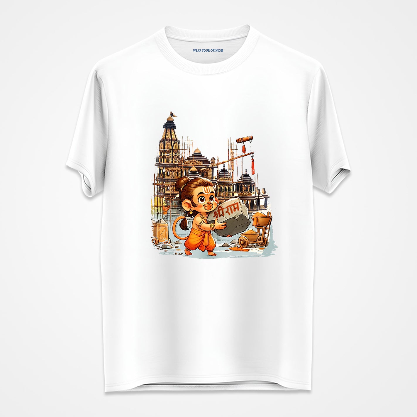 WYO White Jay Shri Ram Mandir Printed T-Shirt with Little Hanuman holding a scroll and temple design on a white background