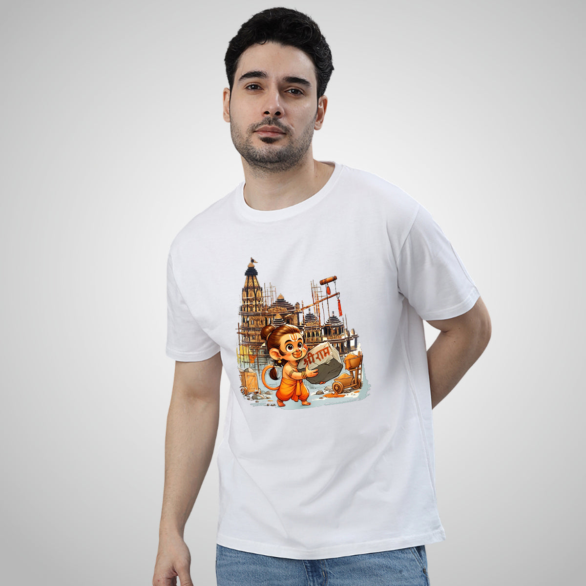 Man wearing White WYO Jay Shri Ram Mandir printed T-shirt, front view