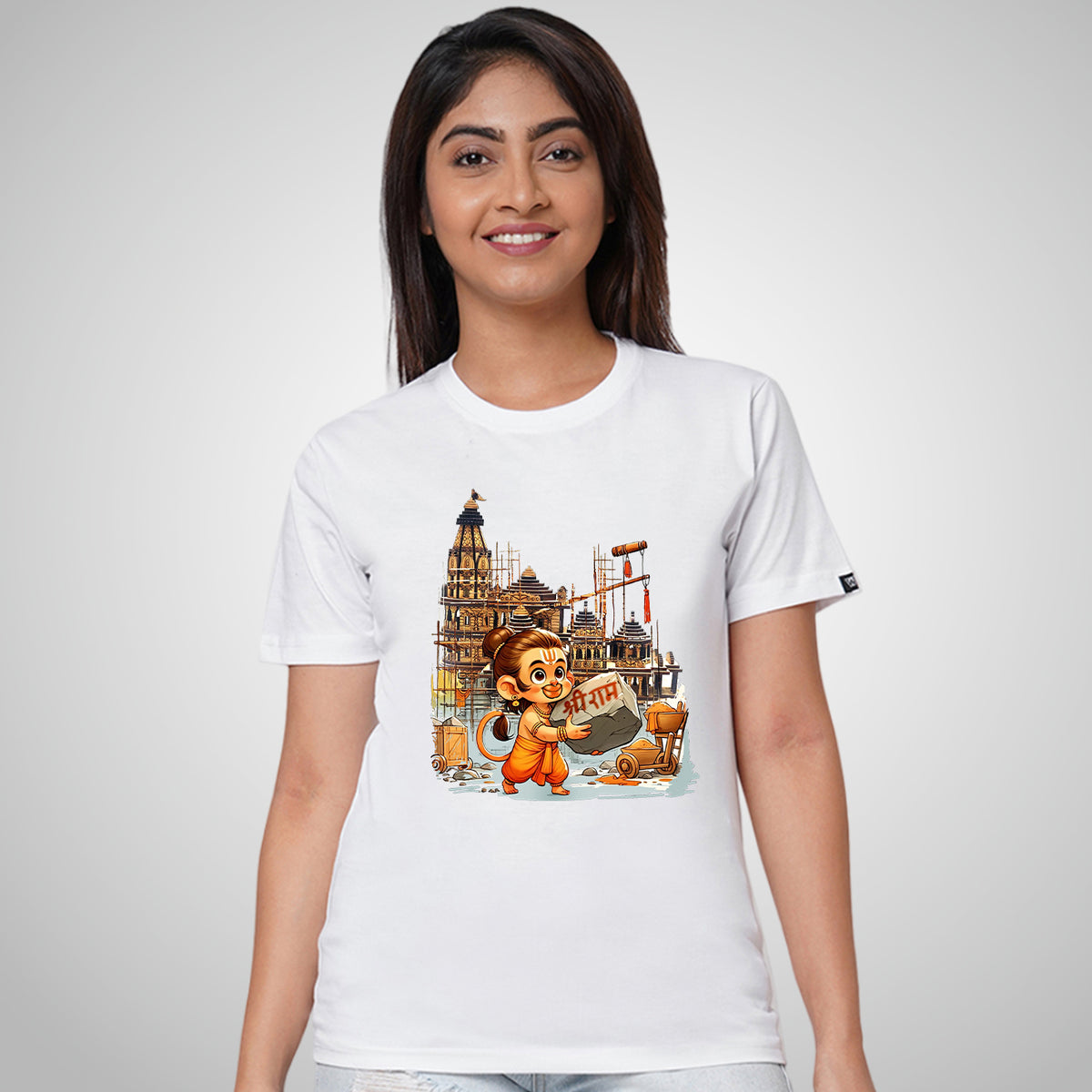 Woman wearing White WYO Jay Shri Ram Mandir printed T-shirt, front view