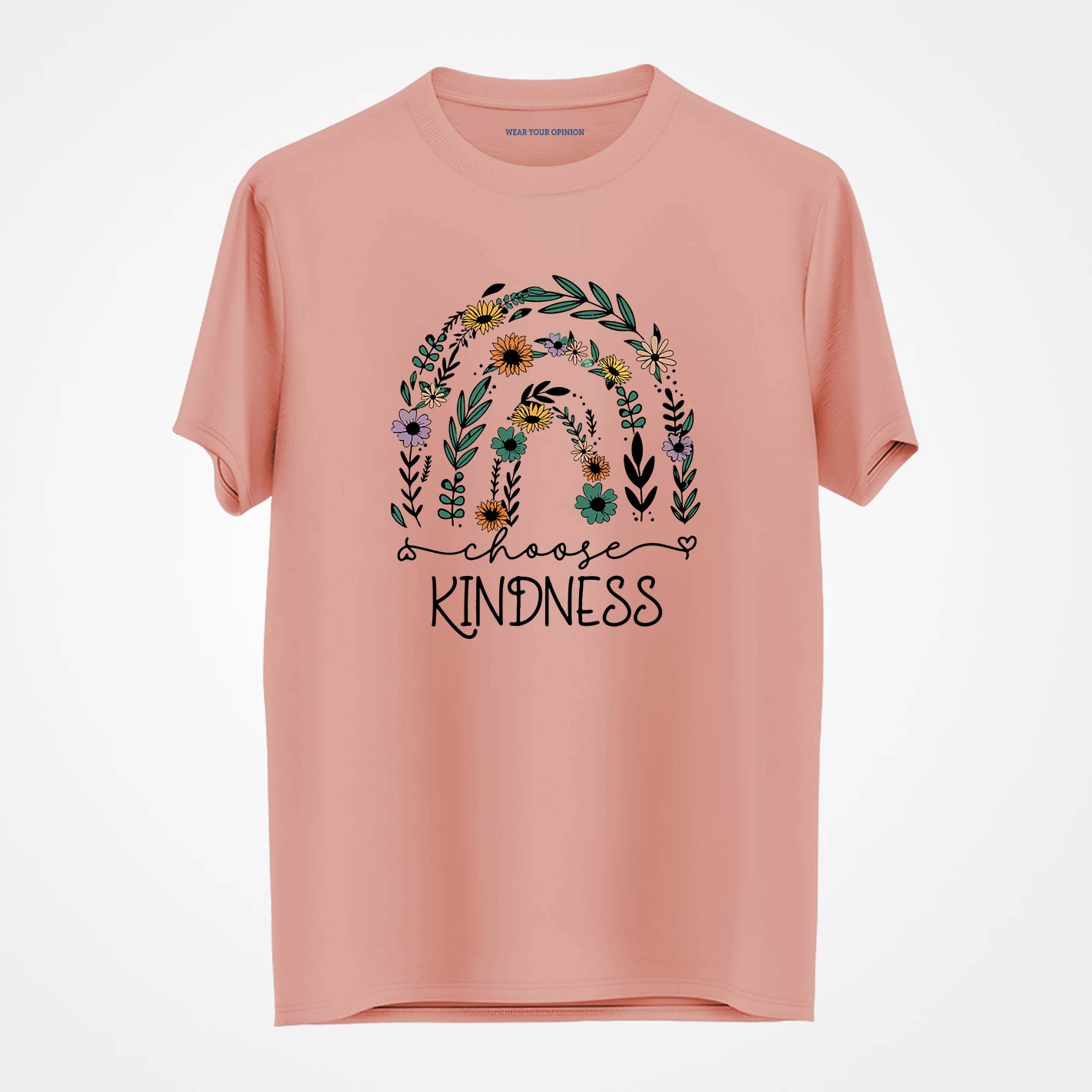 Peach t-shirt by WYO with floral design and 'Choose Kindness' text on a white background