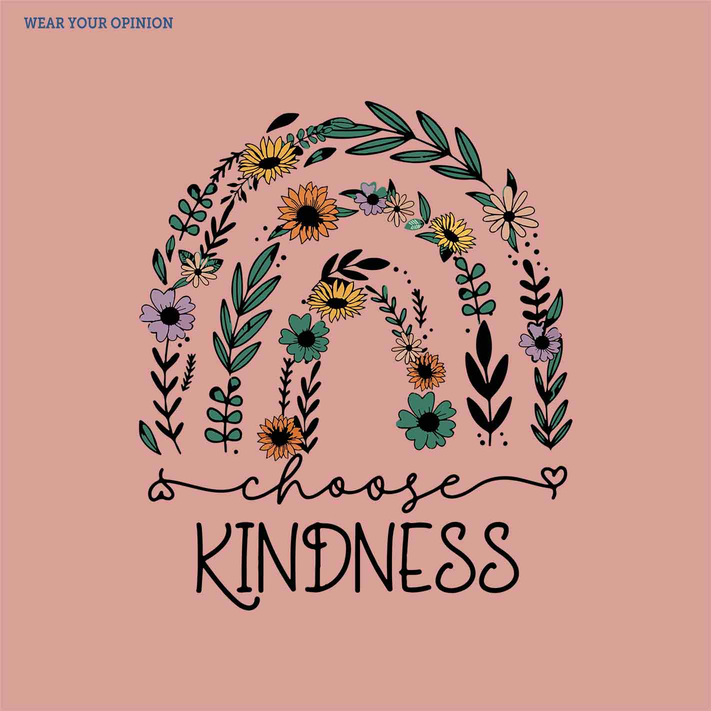Peach t-shirt by WYO with floral design and 'Choose Kindness' text on a white background