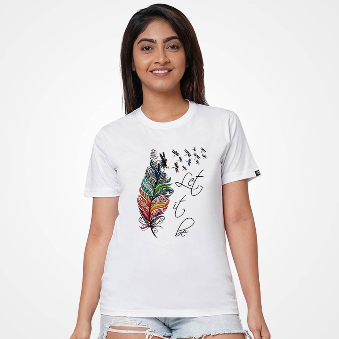 WYO White t-shirt with colorful feather design and 'Let it be' text on a white background