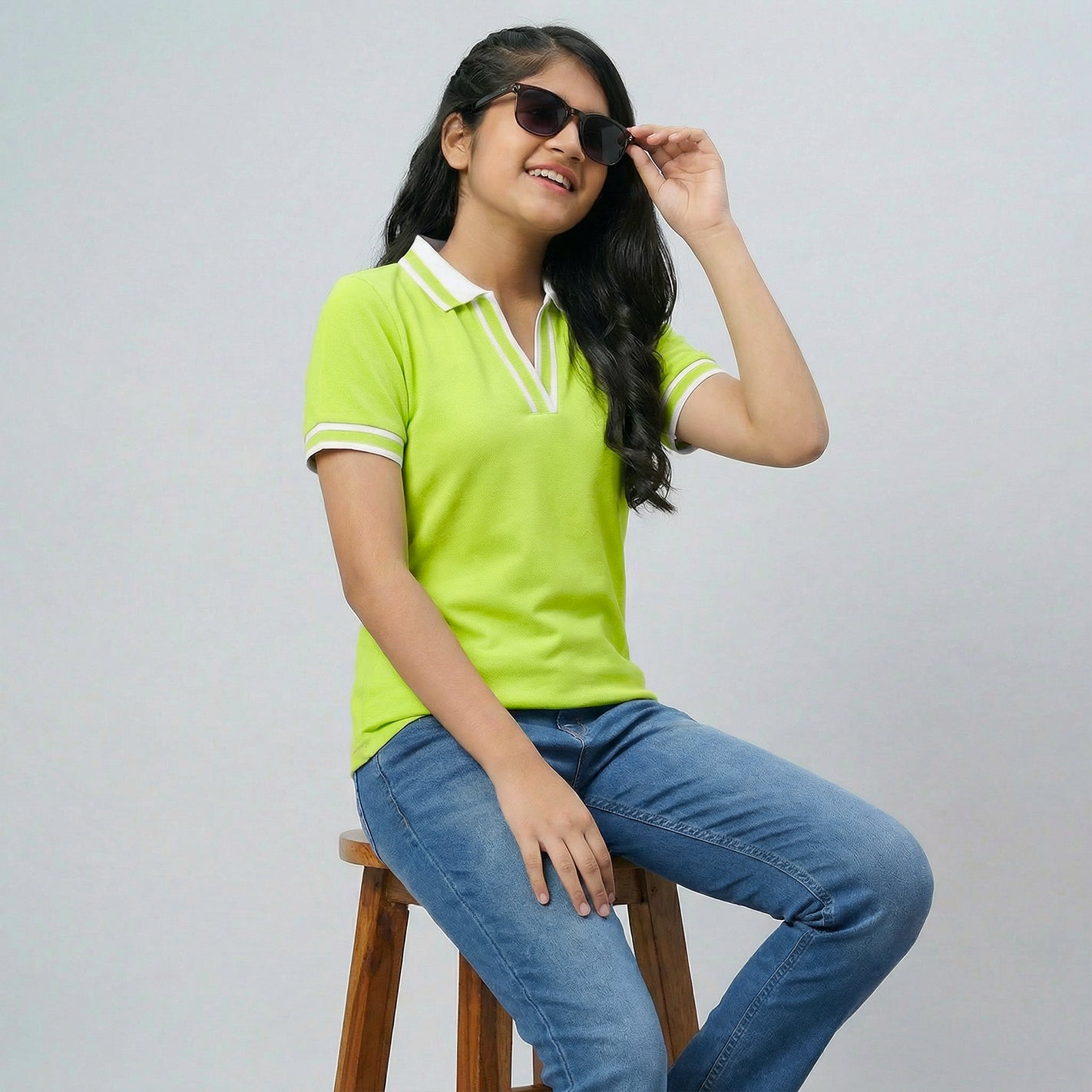 Girls V Stripe Collar Polo