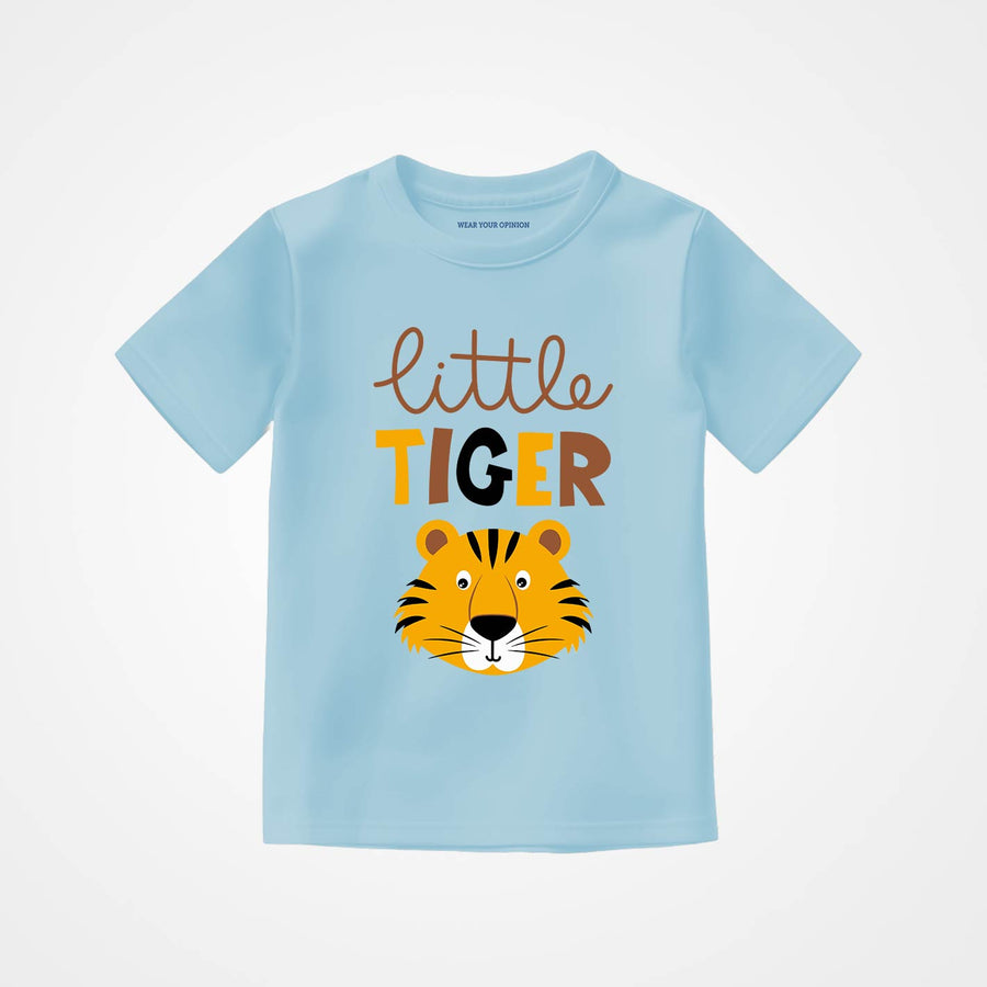 WYO ice blue t-shirt with 'little TIGER' text and tiger graphic on a light gray background