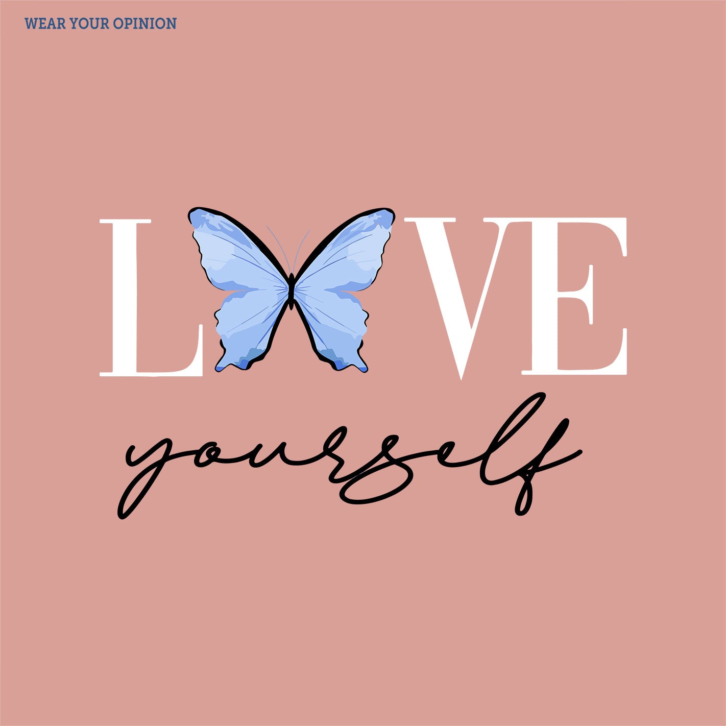 Peach t-shirt by WYO with 'Love yourself' text and butterfly graphic on a white background