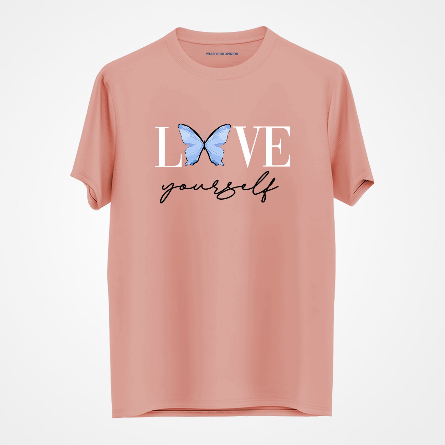 Peach t-shirt by WYO with 'Love yourself' text and butterfly graphic on a white background