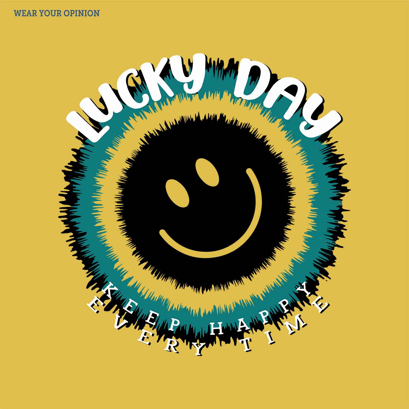 WYO Smiley face with 'Lucky Day, Keep Happy Every Time' text on a yellow background