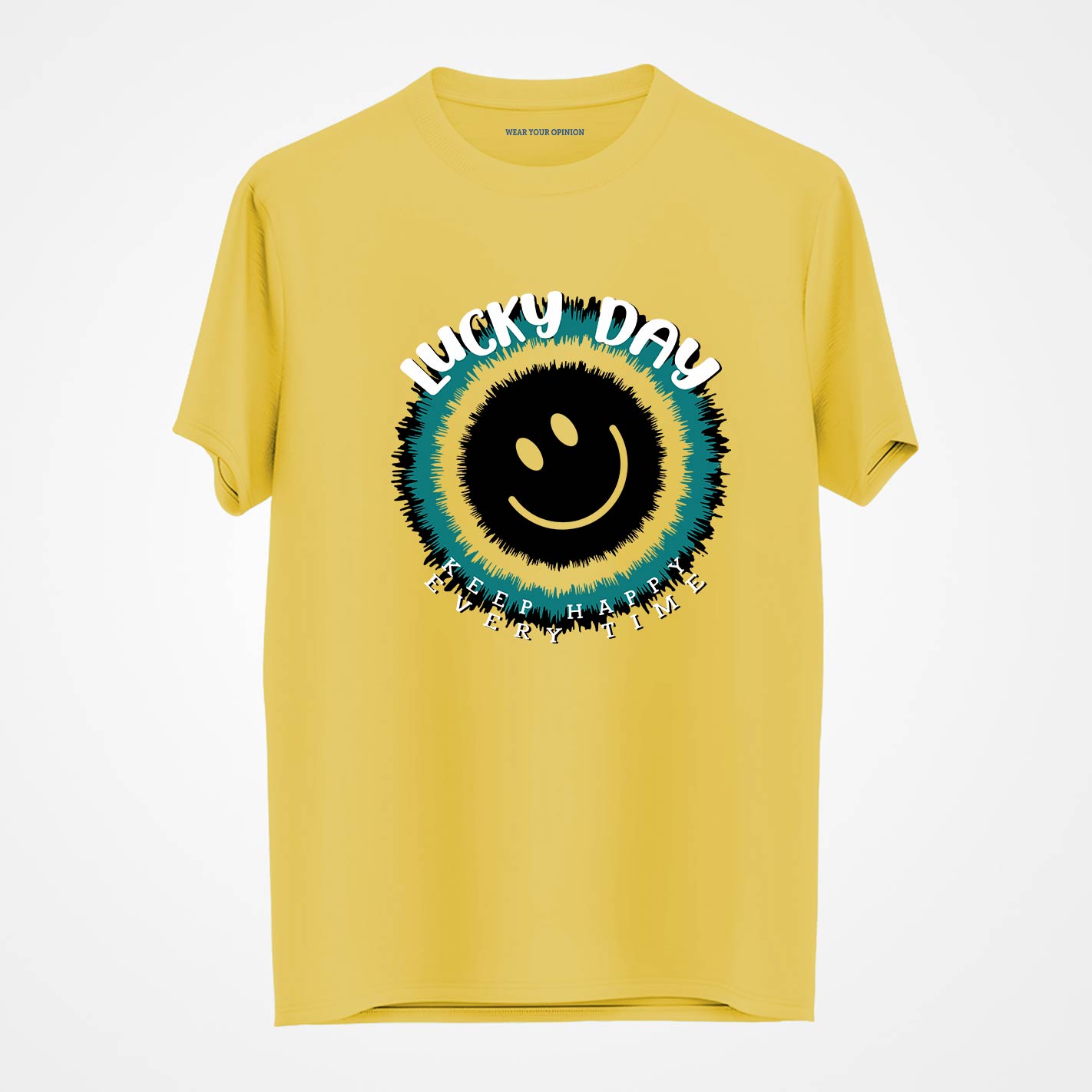 WYO Smiley face with 'Lucky Day, Keep Happy Every Time' text on a yellow background