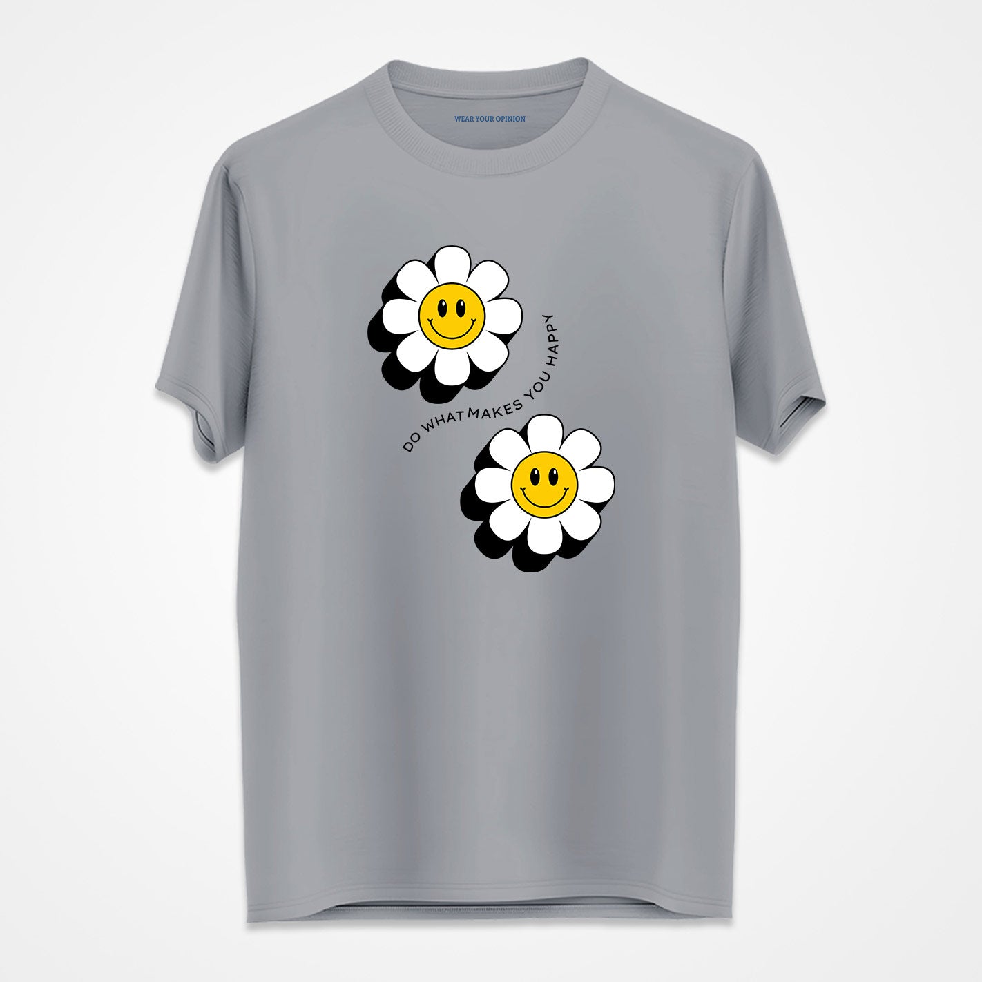 Two smiling daisy flowers with a gray background and text 'Do what makes you happy' by WYO