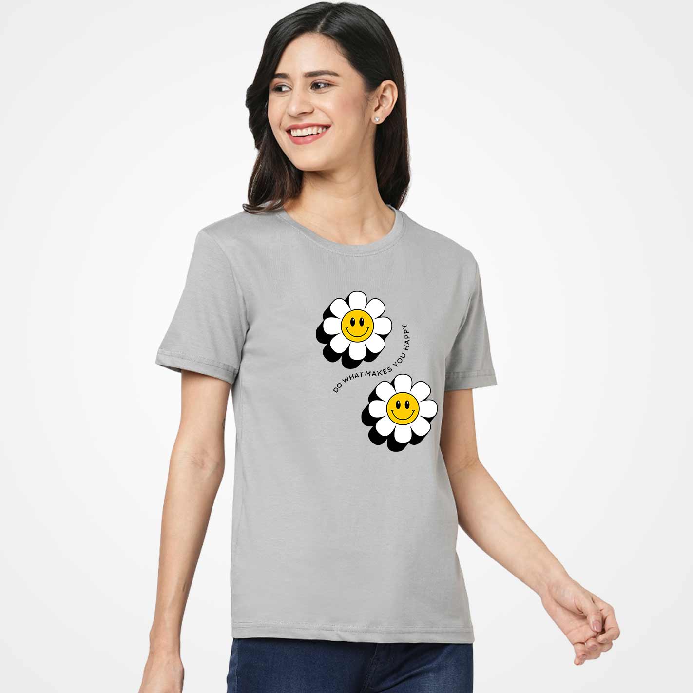 Woman wearing a Two smiling daisy flowers with a gray background and text 'Do what makes you happy' by WYO