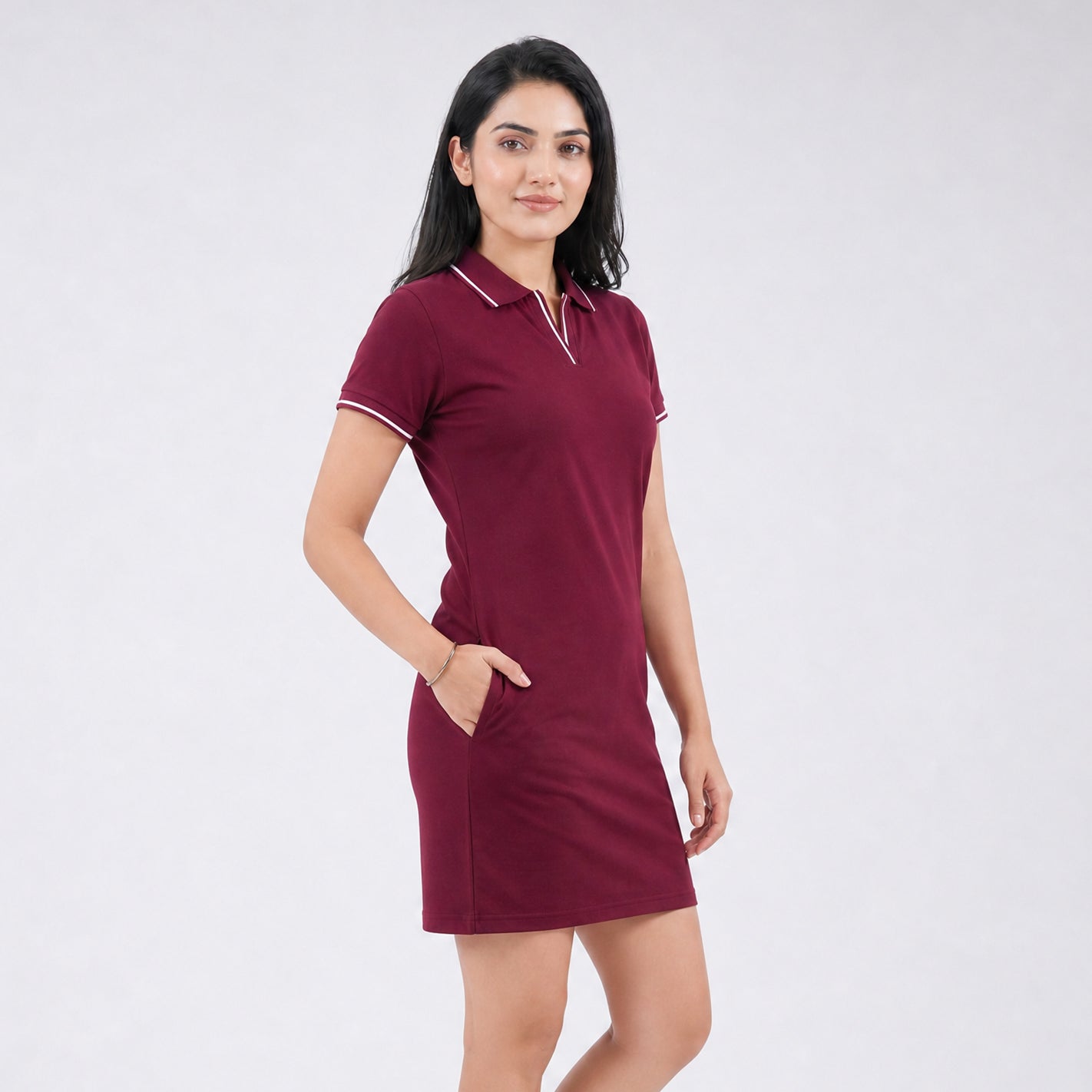WYO Maroon polo dress front view with side pockets and tipped collar