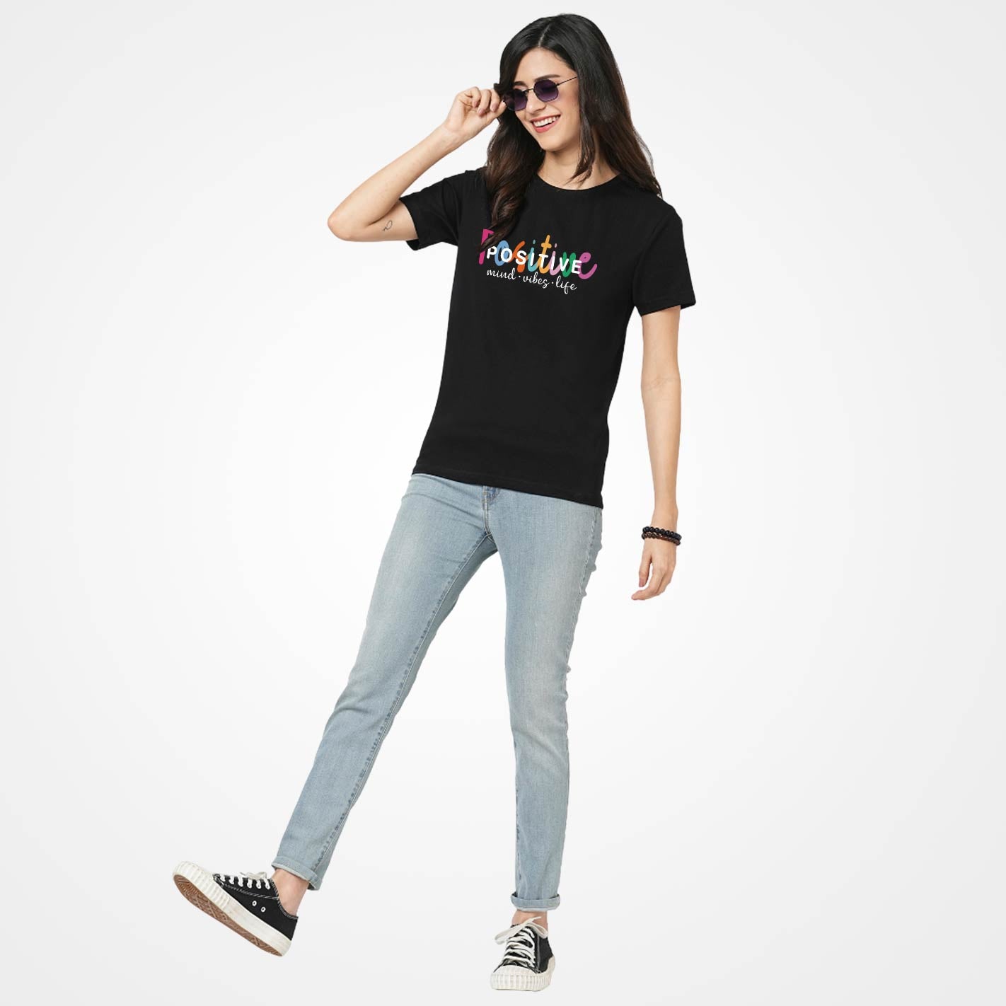 WYO Colorful text 'Positive mind vibes life' on a black background