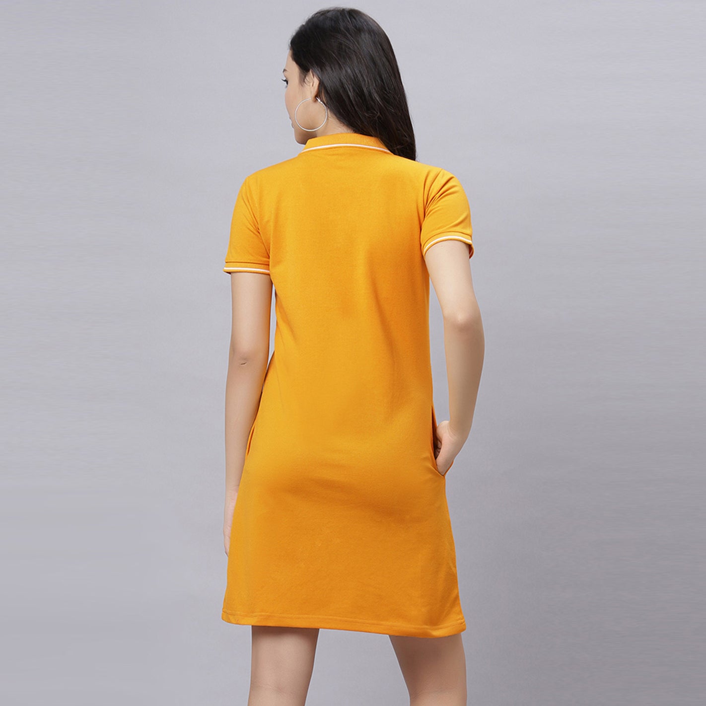 WYO Mustard polo dress back view showing tipped collar and A-line silhouette