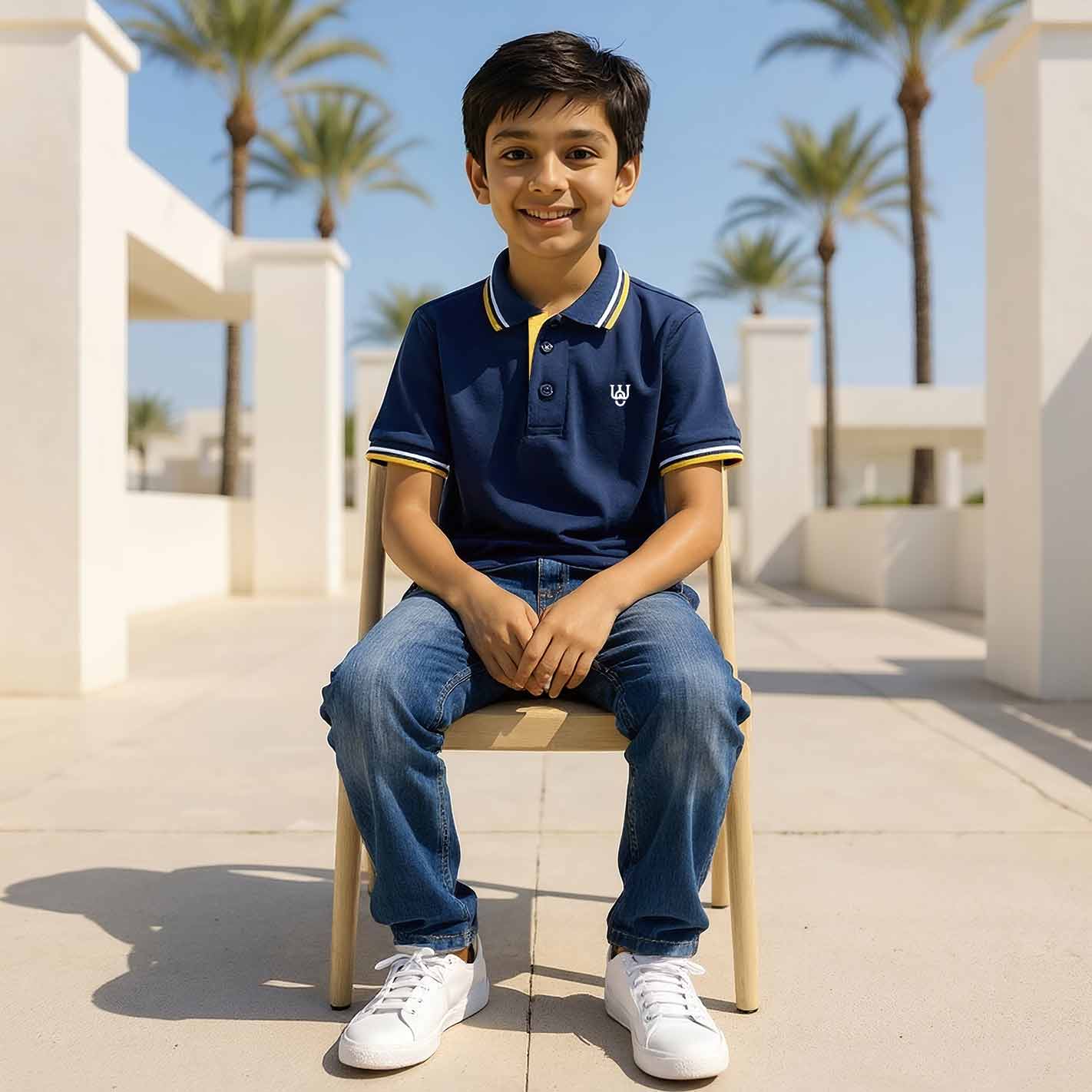 Kid wearing a WYO navy blue polo shirt with a logo, standing in front of palm trees.